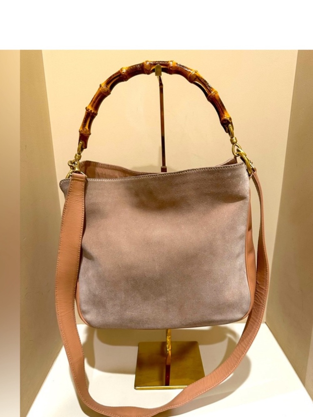 Gucci Leather/Suede Hobo Bag with Bamboo Handle - Taupe